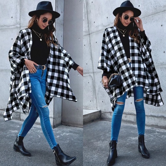 Sweaters - Plaid Poncho Kimono